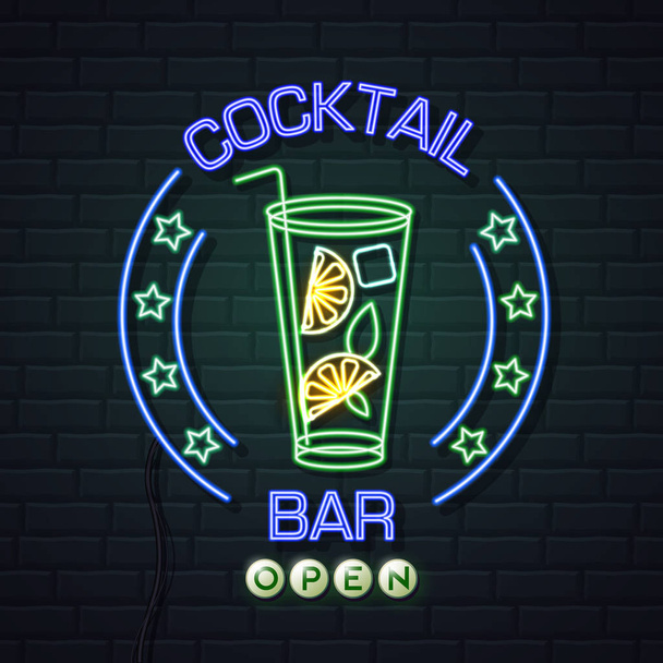 Neon sign cocktail bar on brick wall background. Vintage electri - Vettoriali, immagini