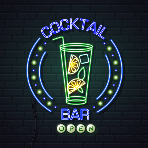 Neon sign cocktail bar on brick wall background. Vintage electri - Vecteur, image