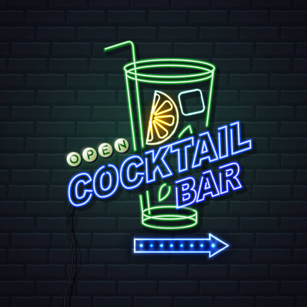 Neon sign cocktail bar on brick wall background. Vintage electri - Vektor, kép
