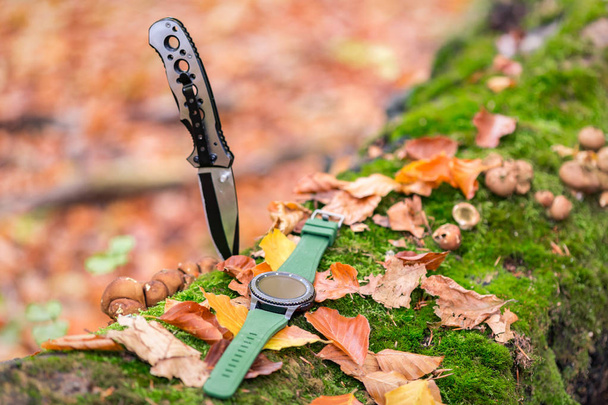 Складной нож и часы в осеннем лесу
 - Фото, изображение