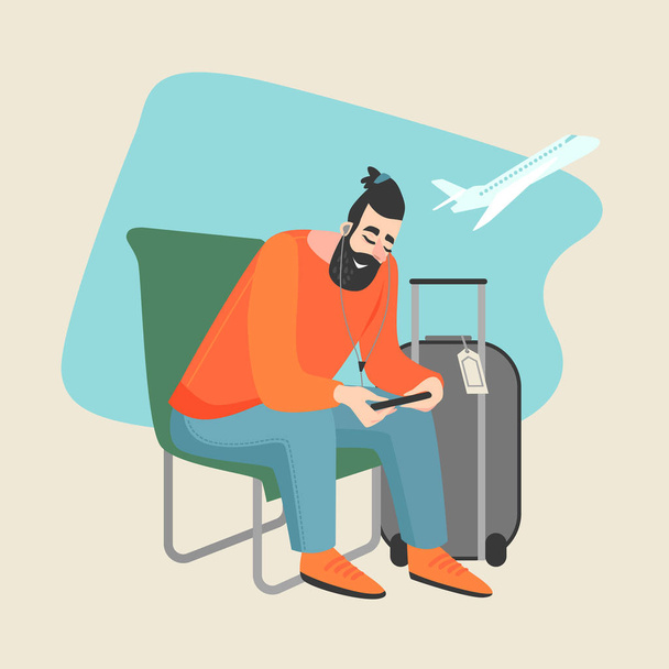 Νεαρός άνδρας ακούει μουσική και φαίνεται στο smartphone, ενώ κάθεται στο αεροδρόμιο.  - Διάνυσμα, εικόνα