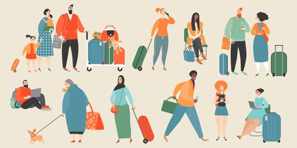 Set of vector illustrations of people at the airport or train station - Διάνυσμα, εικόνα
