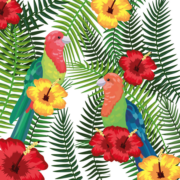 Aves exóticas y hojas tropicales de fondo
 - Vector, Imagen