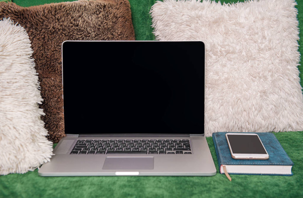 Cozy workplace with laptop, smartphone and notebook. Mock up for - Fotoğraf, Görsel
