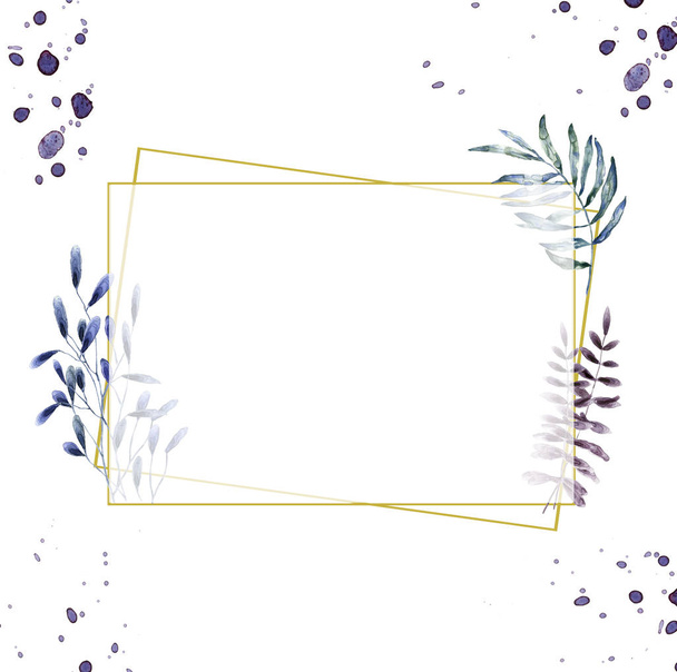 Wedding Invitation, floral invite card, pink floral and green leafs geometric golden frame print. Rhombus Rectangle frame. White background - Fotografie, Obrázek