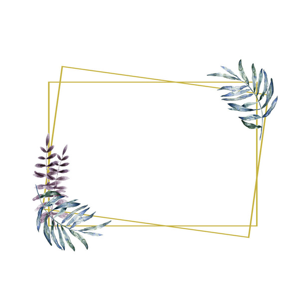 Wedding Invitation, floral invite card, pink floral and green leafs geometric golden frame print. Rhombus Rectangle frame. White background - Foto, Imagem