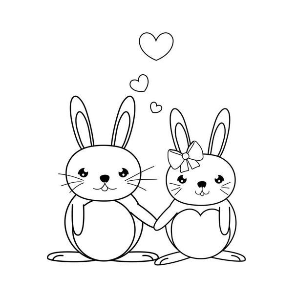 γραμμή χαριτωμένο ζευγάρι κουνελιών ζώο με καρδιές - Διάνυσμα, εικόνα