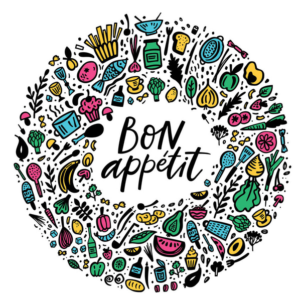 Bon Appetit doodle sticker set - Vector, afbeelding