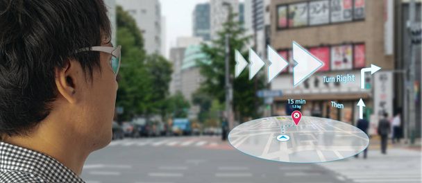 map use ai, artificial intelligence algorithms to determine what individuals want to see When GPS location service are turned on and the Maps app is opened ,popups that can direct the user to landmark - Foto, Imagem