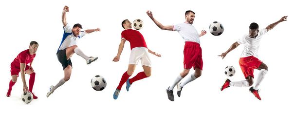 Professional men - football soccer players with ball isolated white studio background - Fotoğraf, Görsel