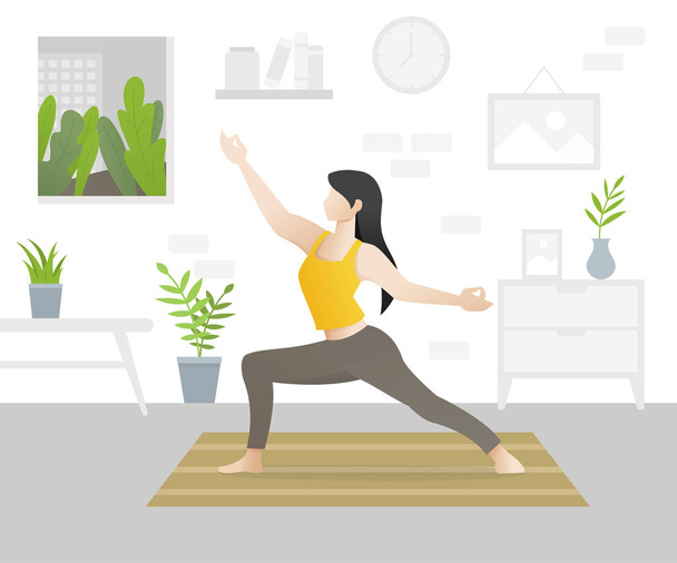 Young beautiful woman character doing yoga. Young woman in yoga posture and mediating. Girl performing aerobics exercise and morning meditation at home. Home exercises concept. Vector illustration - Vektor, obrázek