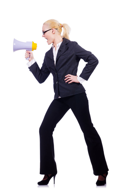 vrouw zakenvrouw met luidspreker op wit - Foto, afbeelding