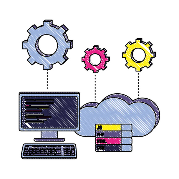 τριμμένο υπολογιστή προγραμματισμού κώδικα και δεδομένων cloud με γρανάζια - Διάνυσμα, εικόνα