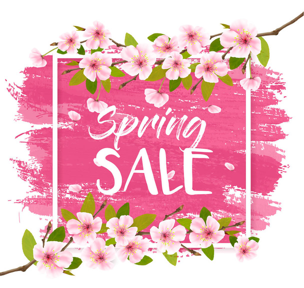 Spring sale background with pink blooming sakura. Vector - Vecteur, image