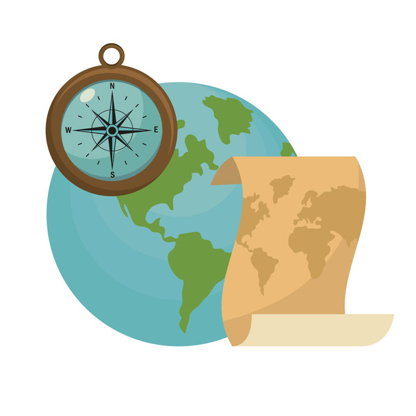 globalny planeta z mapą i kompasem narzędzia - Wektor, obraz