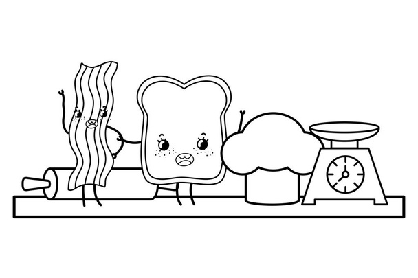 cocina lindo dibujos animados utensilios blanco y negro
 - Vector, Imagen