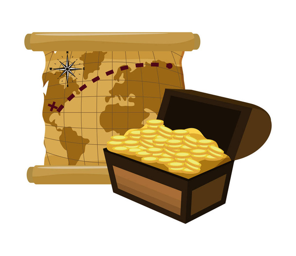 mappa globale e cassa di legno con monete d'oro
 - Vettoriali, immagini