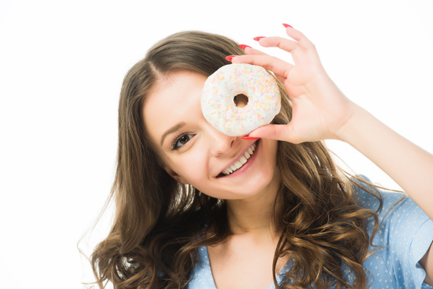 portrait of happy smiling beautiful girl with doughnut isolated on white - Photo, Image