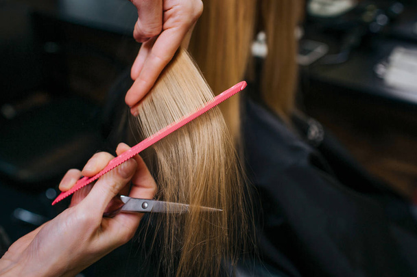 Close-up of hairstylist hands combing blonde hair before haircut in salon - Photo, image