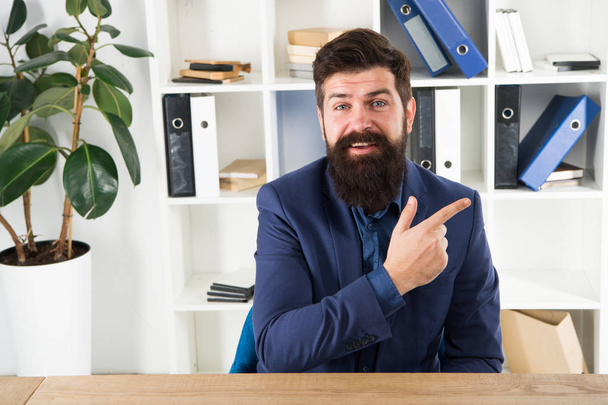 Job interview concept. Can you tell me about yourself. Leave lasting impression and outperform fellow candidates. Answer common interview questions. Man bearded hr manager sit in office ask interview - Фото, зображення
