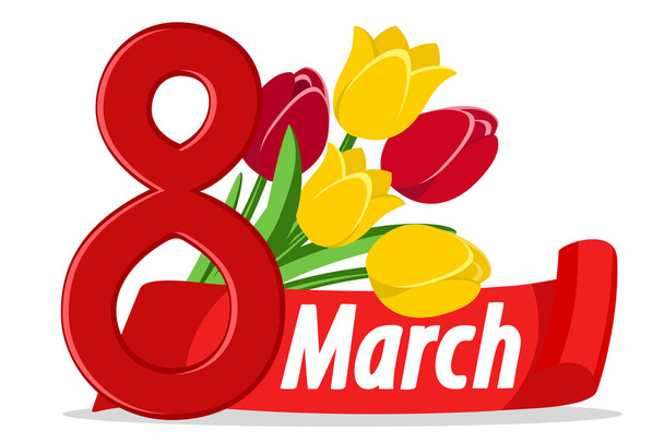 Букет тюльпанов с лентой приветствия на белом. 8 марта
 - Вектор,изображение