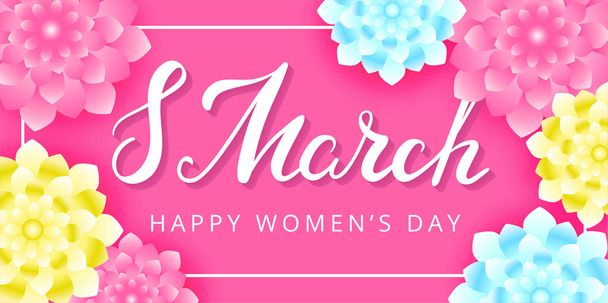 International Women's Day. Horizontal vector greeting card with lettering and flowers on the pink background. 8 March.  - Vecteur, image