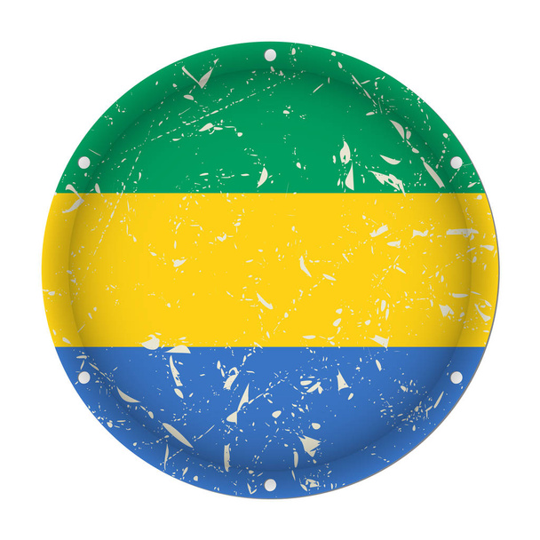 Gabon - yuvarlak metal bayrak, vida deliklerini çizik. - Vektör, Görsel