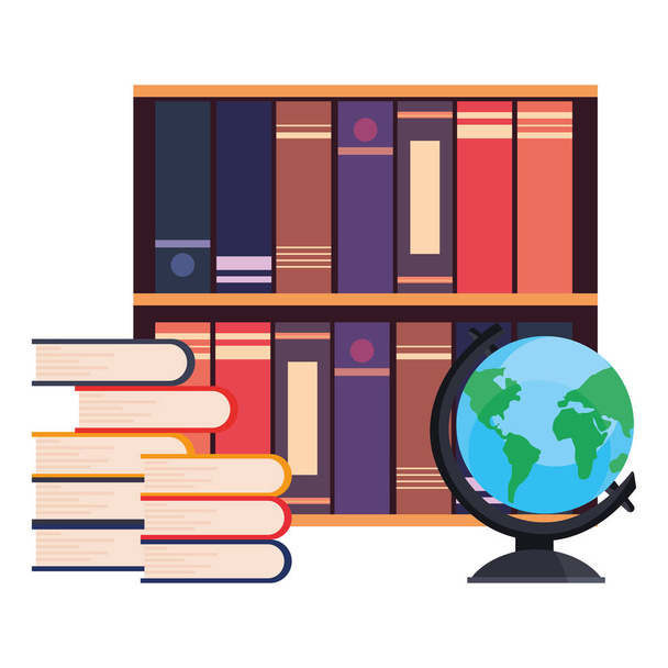gestapelde boeken boekenplank en globe - Vector, afbeelding