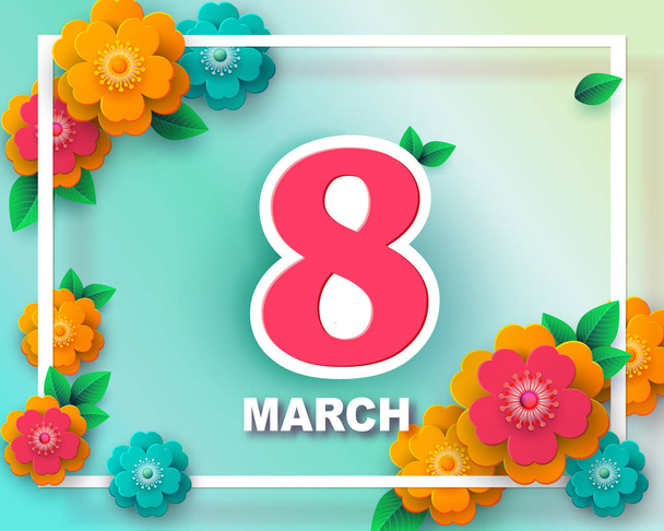 8 Mart - soyut çiçek tebrik kartıyla kağıdı tarzı tebrik kartı, hediye kartı kesin. Uluslararası Kadınlar Günü. Aplike modaya uygun bir tasarım şablonu. Vektör - Vektör, Görsel