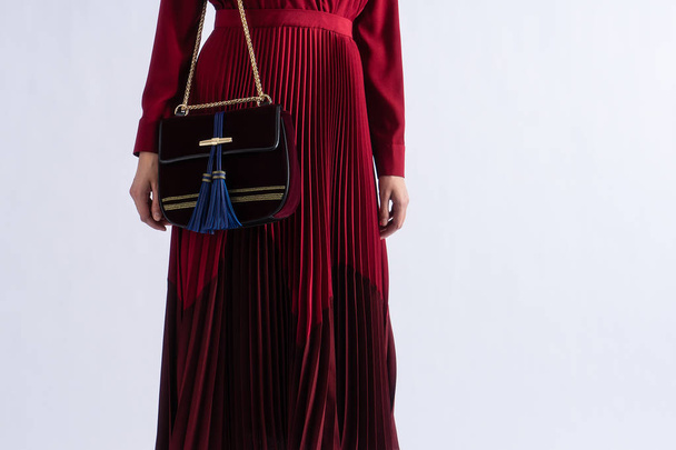 Young woman in red evening luxury pleated dress and luxury expensive bag. Posing on white background. Closeup with copy space. - Fotó, kép