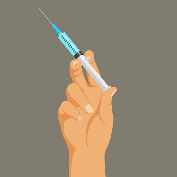 Drug addiction concept, hand with syringe, heroin dependence, illegal injection, vector illustration. - Vector, Image