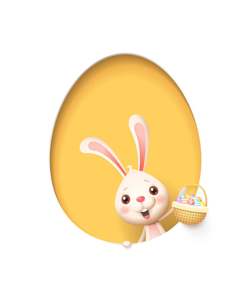 Húsvéti nyúl a tojás alakú sárga lyuk egy kosár tele díszített tojás - elszigetelt fehér - Vektor, kép