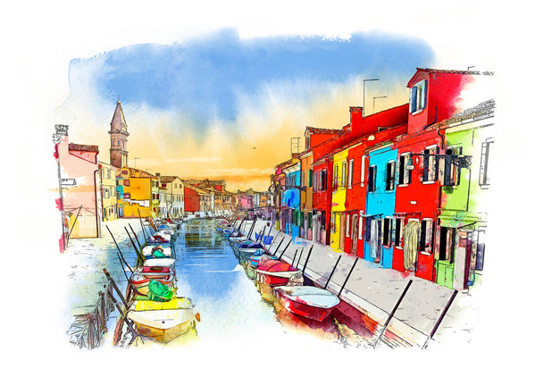 Burano острів, Венеція, Італія. Акварель ескіз - Фото, зображення