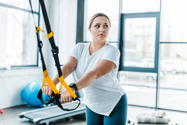 bela mulher com sobrepeso braços de treinamento com tiras de suspensão no ginásio
 - Foto, Imagem