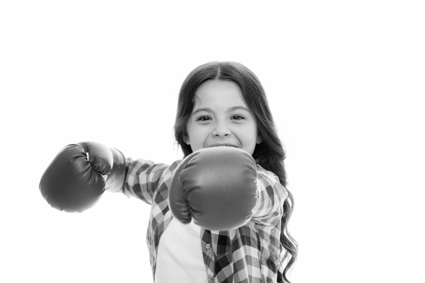 Girl boxing gloves ready to fight. Kid strong and independent girl. Feel powerful. Girls power concept. Feminist upbringing and female rights. Fight for her rights. Female rights and liberties - Foto, afbeelding