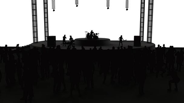 Concierto, música en vivo, banda, actuaciones y festivales. Tour y banda. Espectadores diversión, música y danza. Discoteca, noche musical. Escenario. renderizado 3d
 - Foto, imagen