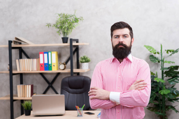 Businessman. Serious bearded man at workplace. Office life. Bearded man. Business trainer. Serious trainer for business. Personal trainer. Mature man is expert trainer. Time for you to make decision - Фото, зображення