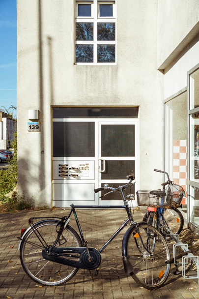 October 21, 2018. City Krefeld Germany. Urban one bike parked without anyone on a sunny day in the fall on a European street - Photo, image
