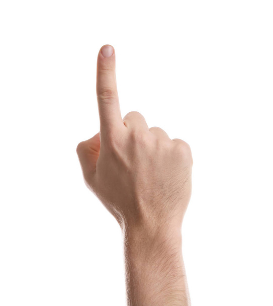 Homem apontando para algo no fundo branco, close-up da mão
 - Foto, Imagem