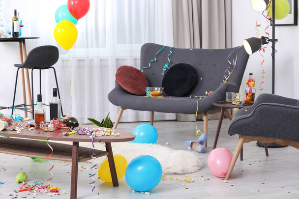 Messy living room interior. After party chaos - Foto, imagen