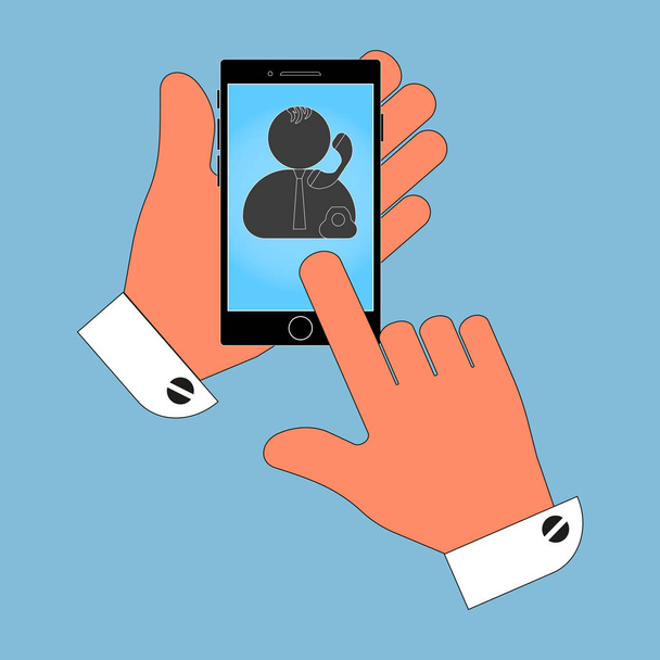 Icon phone in his hand on the operator screen, the source, isolation on a blue background. Stylish vector illustration for web design. - Vector, Image