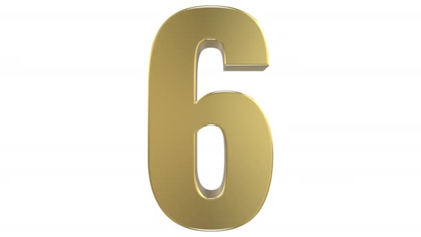 「6」数字に反射黄金金属素材で作られた「2」の桁の変換を示す 3 d のレンダリングは、シームレスな無限ループできるように、逆変換が続きます。アルファ マットに続いて、白い背景の上. - 映像、動画