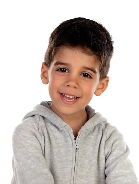 Beyaz bir arka plan üzerinde izole gri sweatshirt ile Gipsy çocuk - Fotoğraf, Görsel