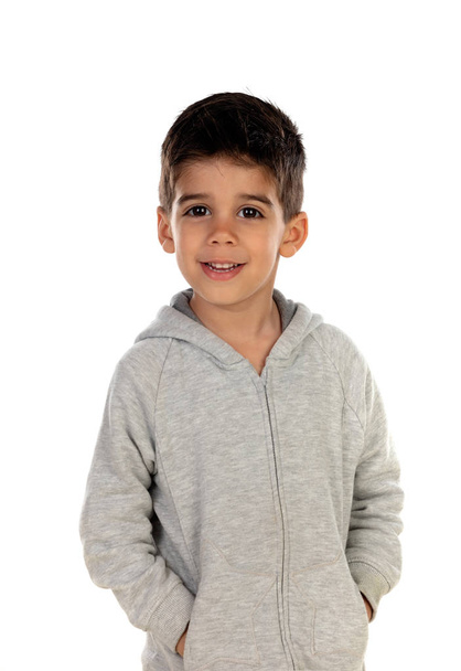 Gipsy child with grey sweatshirt isolated on a white background - Photo, image