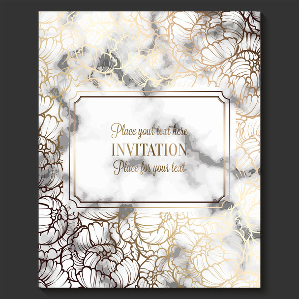 Πολυτελή και κομψά προσκλητήρια γάμου με μάρμαρο υφή και χρυσό γεωμετρικό πρότυπο για το κείμενο. Προσκλητήριο γάμου μοντέρνα διακοσμημένα με παιωνία λουλούδι μοτίβο - Διάνυσμα, εικόνα