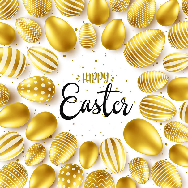 Easter background with realistic golden eggs. Spring egg hunt. Happy holiday greeting card with text lettering, calligraphy. Colorful season banner. Vector illustration. - Vector, Image