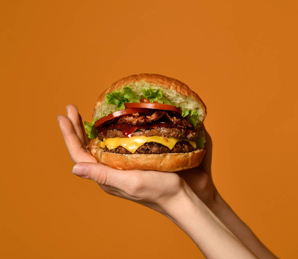 Woman hands hold big cheeseburger burger sandwich with marble beef and bacon on yellow  - 写真・画像