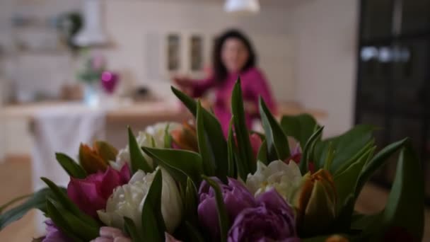 Closeup gorgeous bouquet of tulips for beloved mom - Felvétel, videó