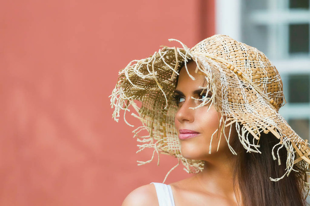 Beautiful woman in hat summer day outdoors. Fashion and lifestyl - Фото, зображення