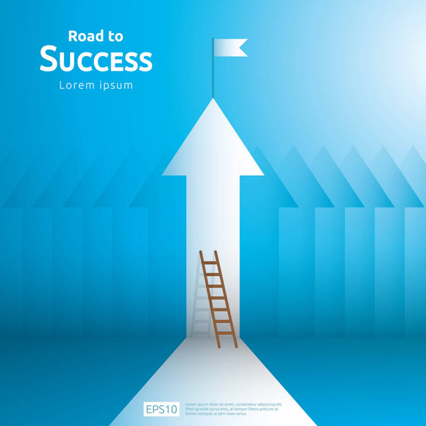 Bedrijfsconcept prestatie succes met het beklimmen van de trap en doel vlag bovenop. Financiën succesvol visie doelstelling. groei pijl oprijzen. illustratie van de vlakke stijl van leiderschap en talent werkgever - Vector, afbeelding